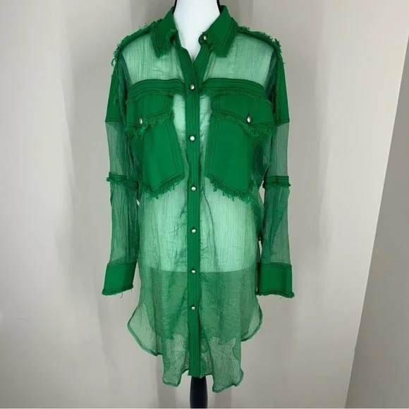 TOV Los Angeles Green Sheer Button-Down Shirt with Frayed Detailing Pockets M - Picture 2 of 9